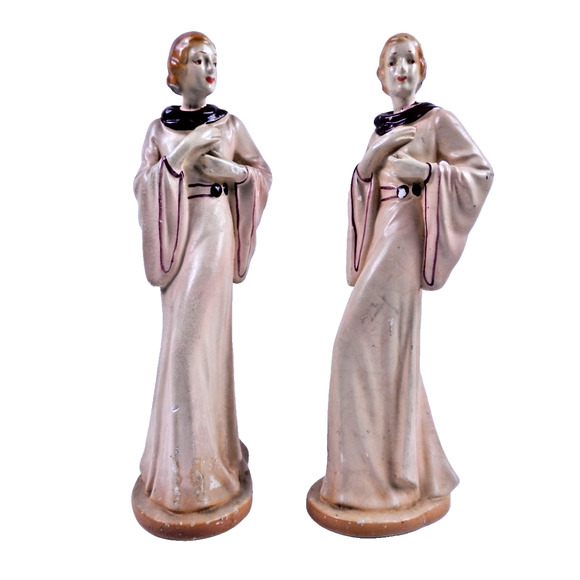 Pair Circa 1920's Elegant Woman in Robe Full Body Chalkware Statue Figurines 12" - Picture 1 of 10